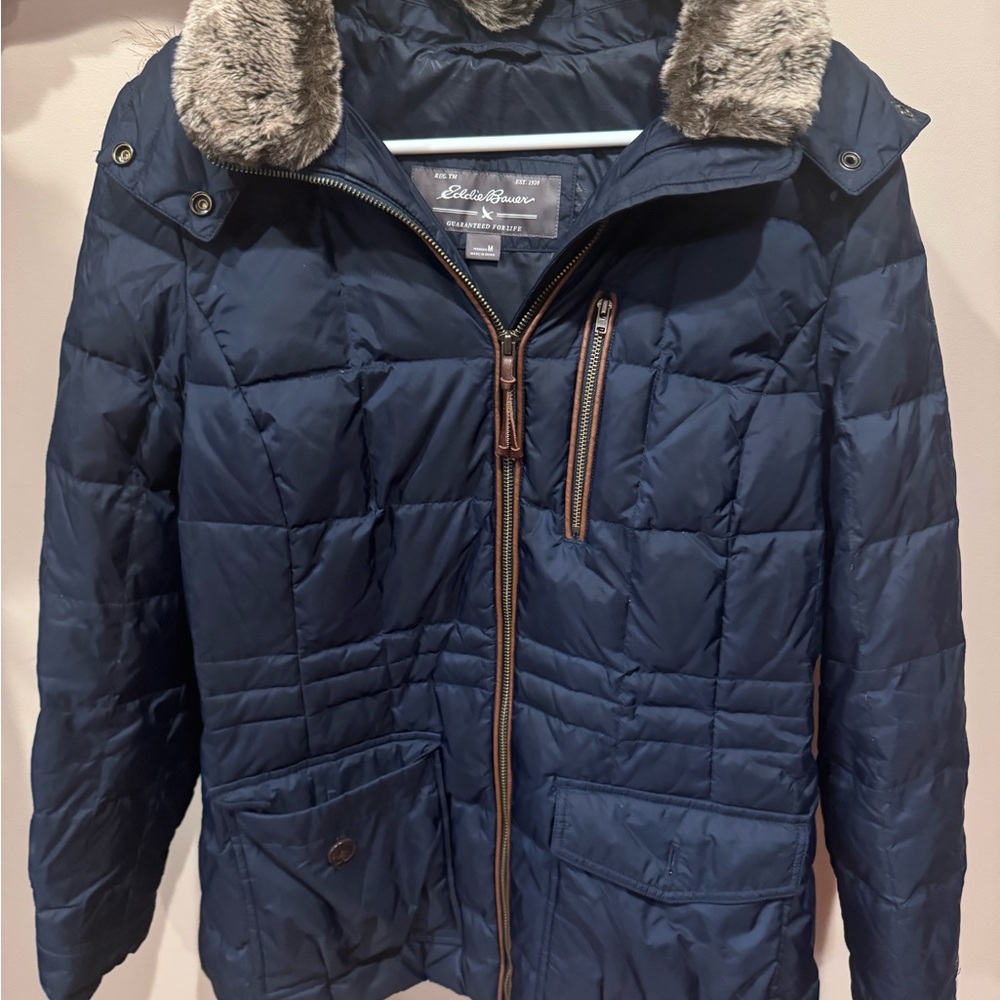 Eddie Bauer Dark Blue Jacket with Brown Accents